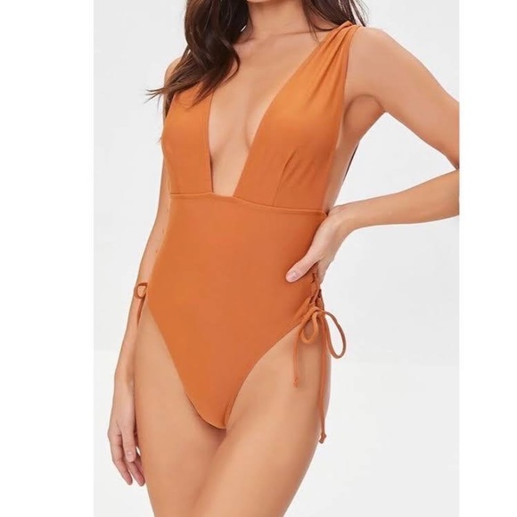 3 for $15 🌸 Forever 21 Swimsuit One Piece Plunge Neckline Rust Sexy - Picture 1 of 7